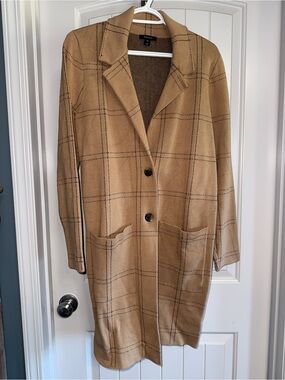 Windowpane Camel Long Knit Blazer - Women's Casual Coat